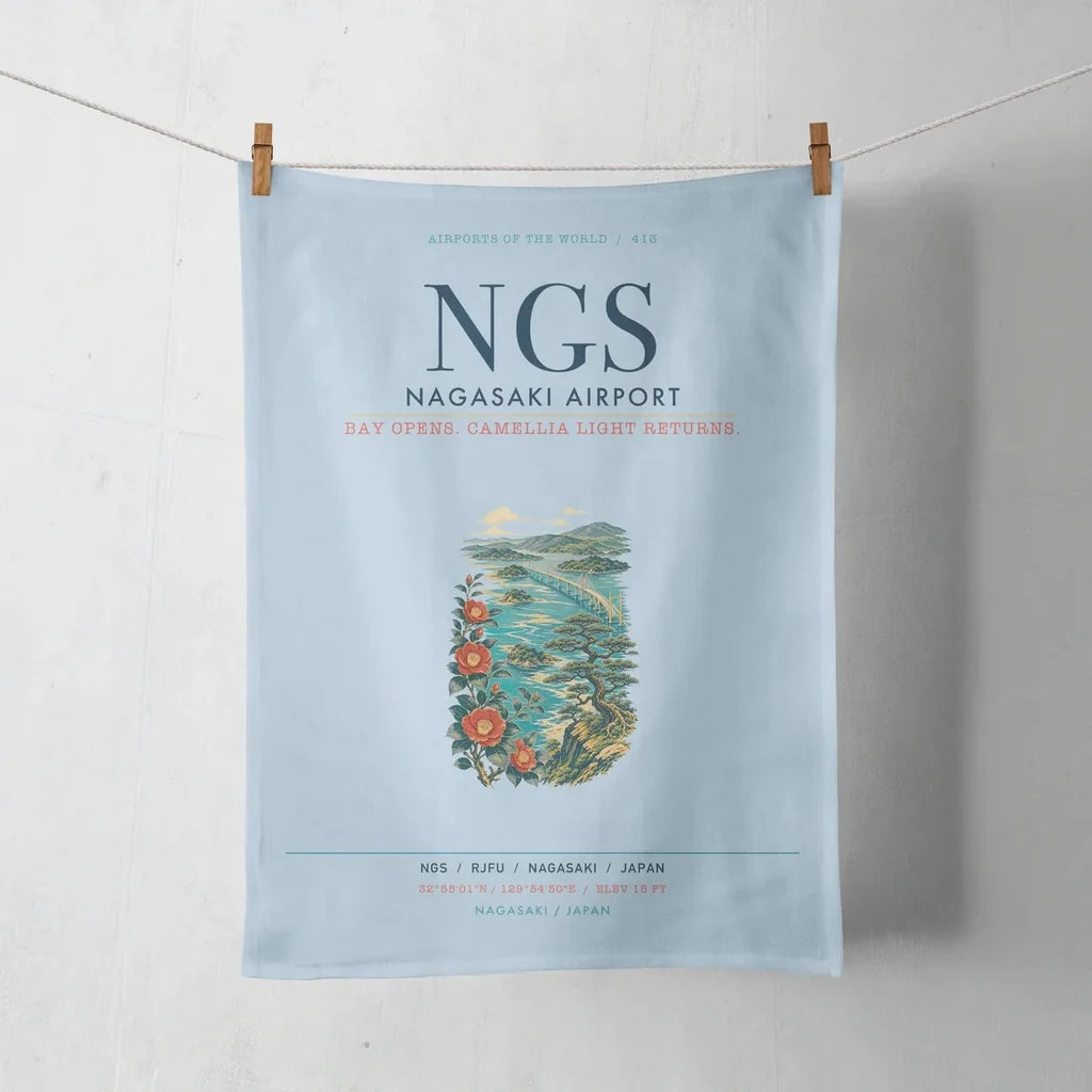 Nagasaki Airport (NGS) design on light blue towel