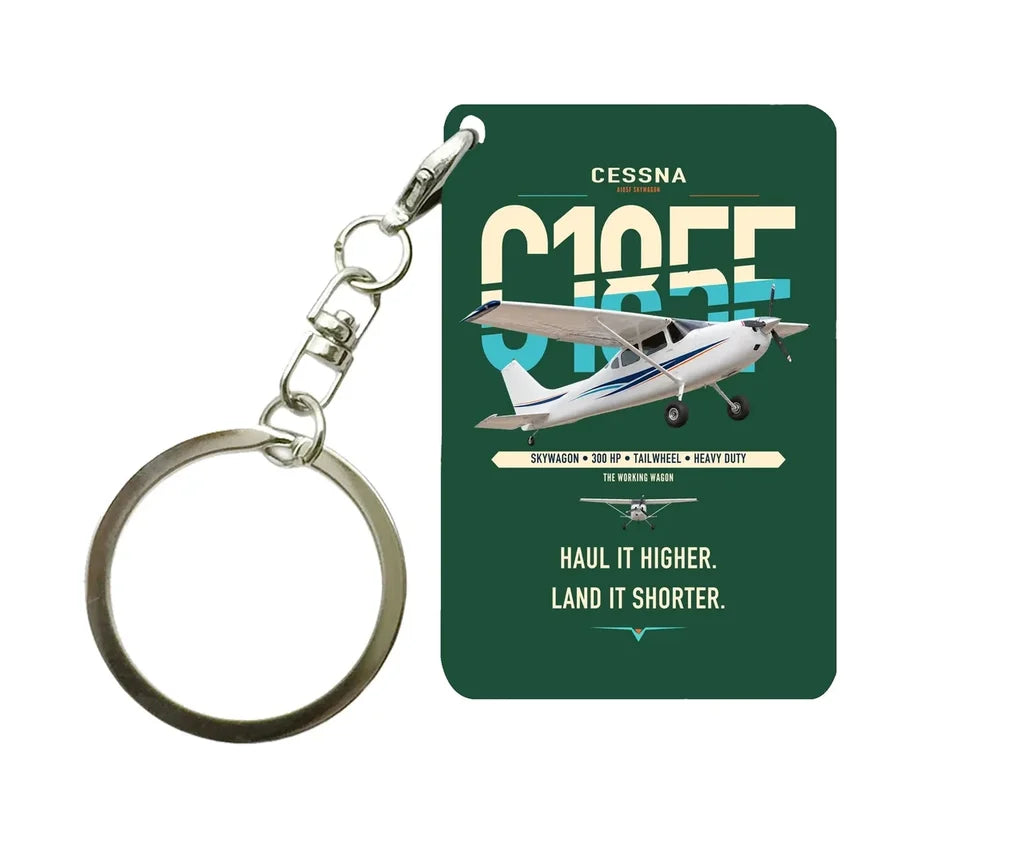 Cessna A185F Skywagon design on dark green designed key chain, double-side print