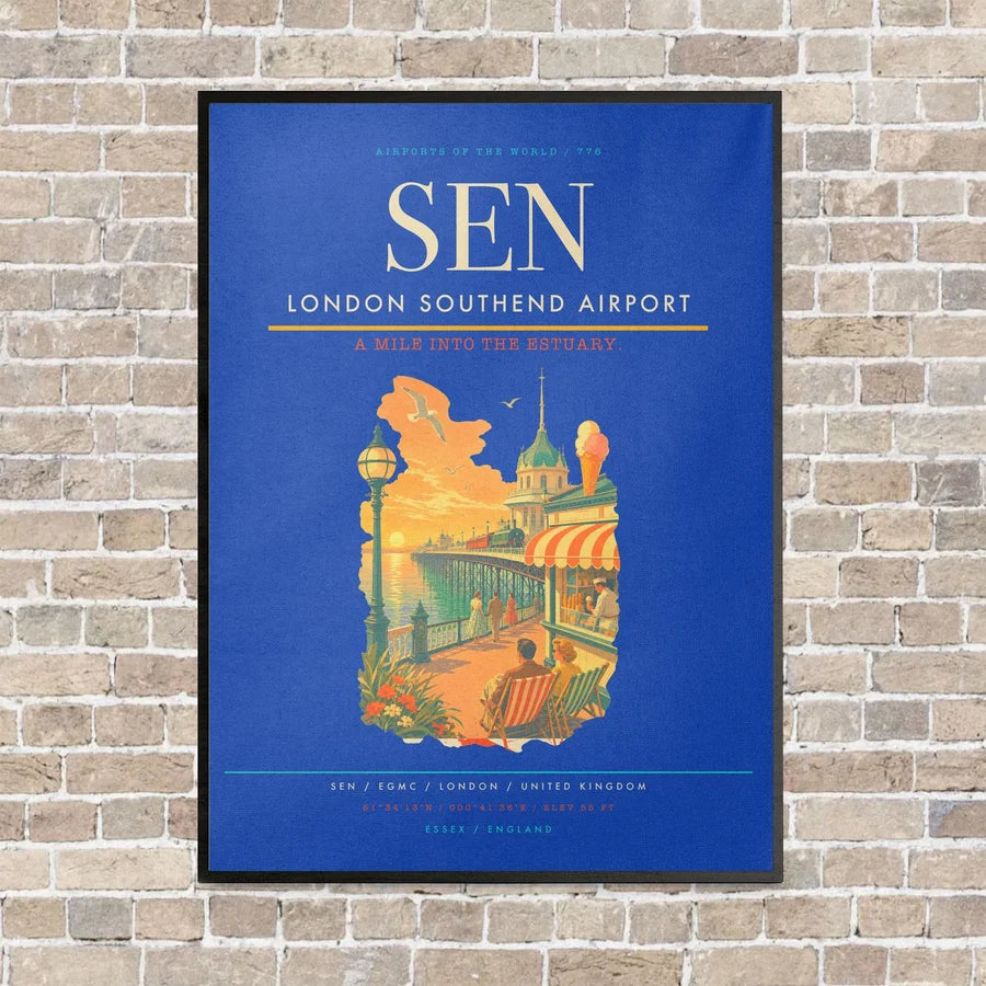 London Southend Airport SEN vertical canvas print - framed - blue background