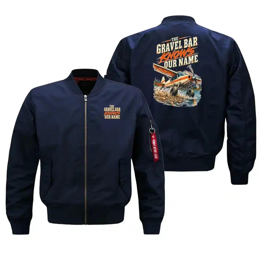 SIGNAL 662 - The Gravel Bar Knows Our Name - Bomber Jacket design on blue bomber jacket