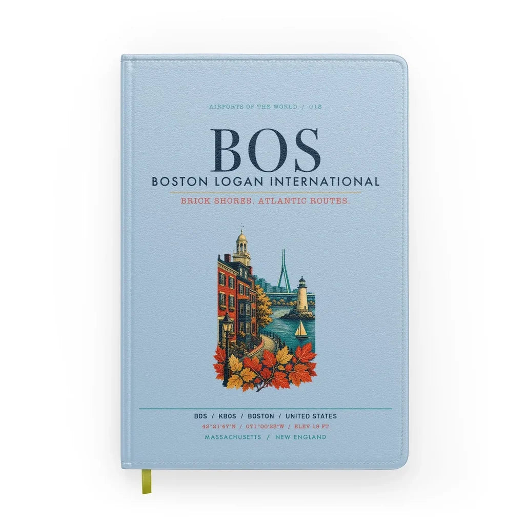 Boston Logan International Airport (BOS) design on light blue notebook