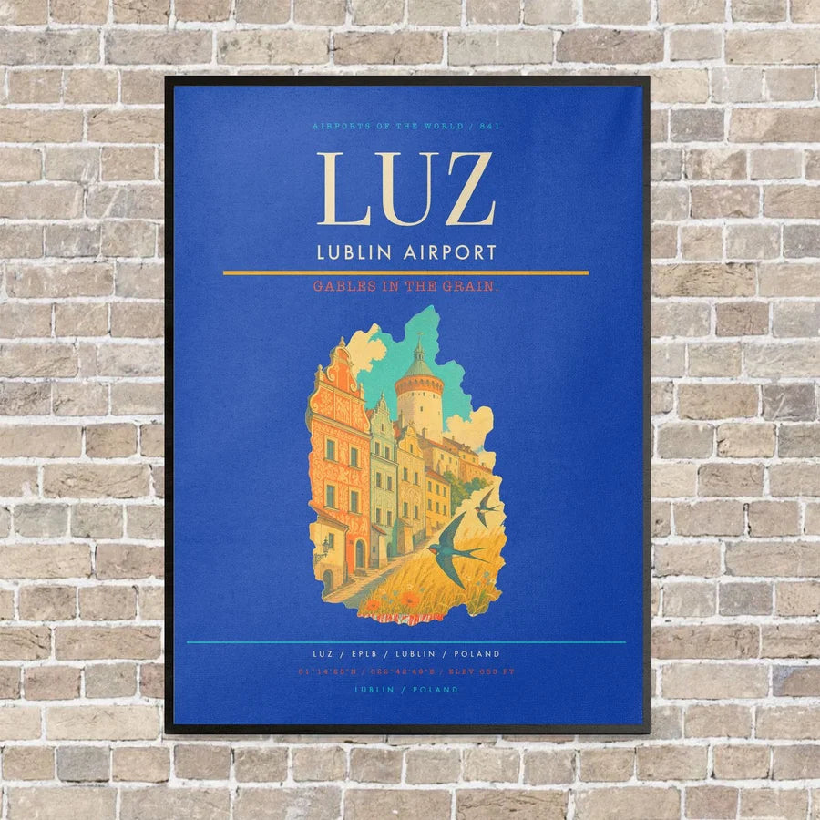 Lublin Airport LUZ vertical canvas print - framed - blue background