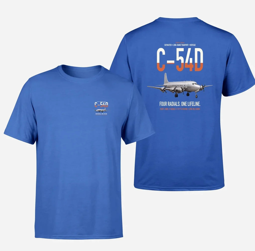 C-54D Skymaster design on blue double-side t-shirt, double-side print