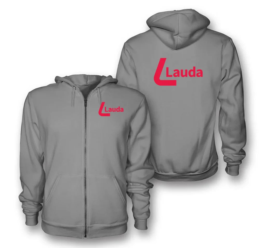Lauda logo on gray zipped hoodie