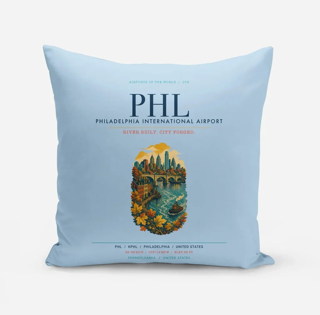 Philadelphia International Airport (PHL) design on light blue pillow
