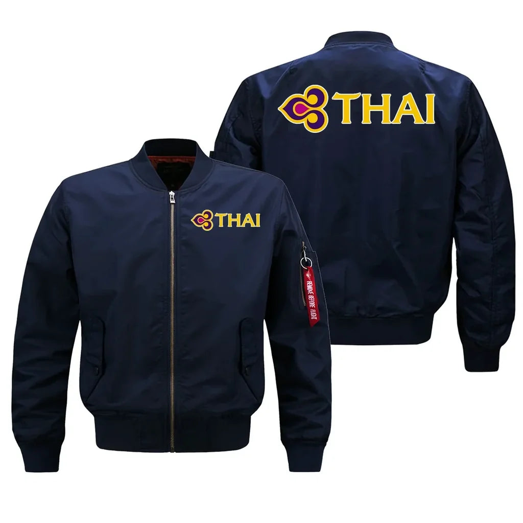 Thai Airways aviation design embroidered on blue bomber jacket