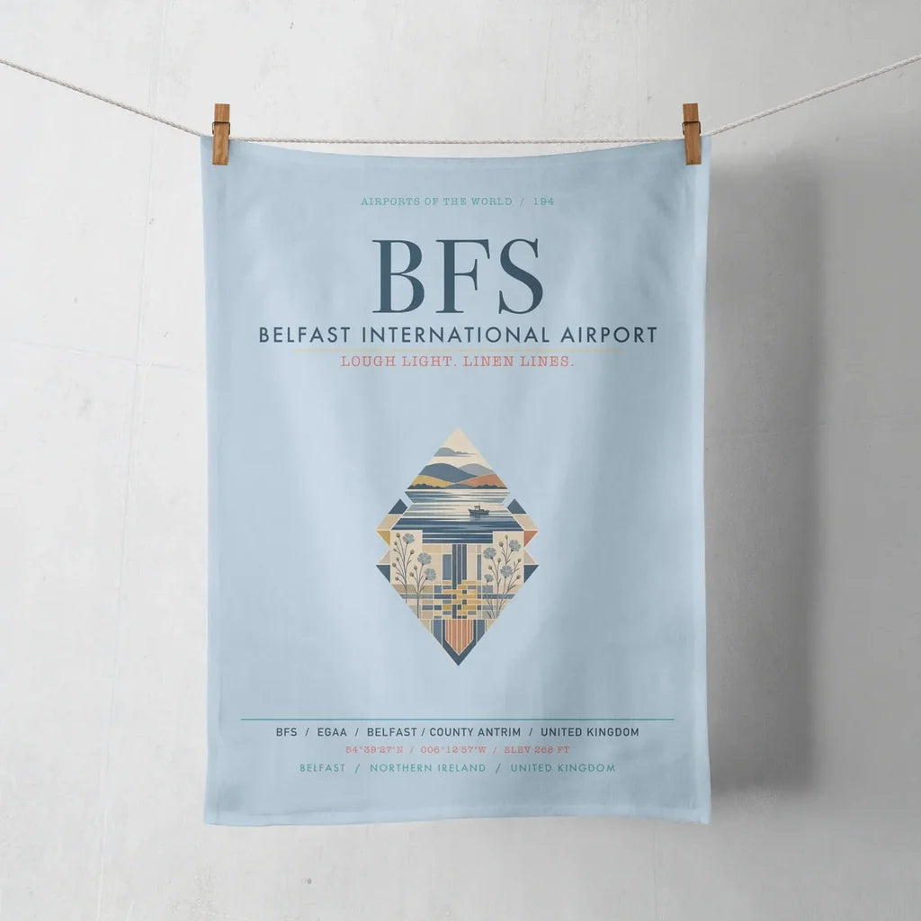 Belfast International Airport (BFS) design on light blue towel