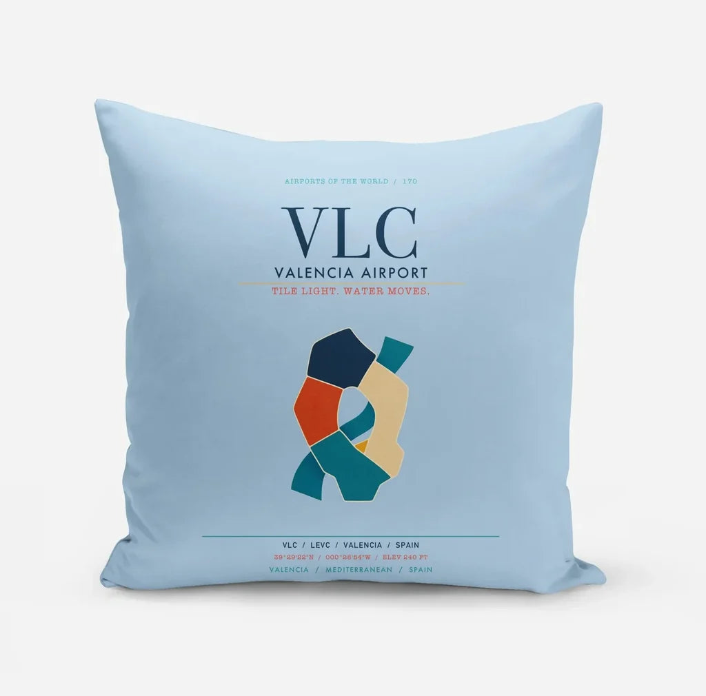 Valencia Airport (VLC) design on light blue pillow