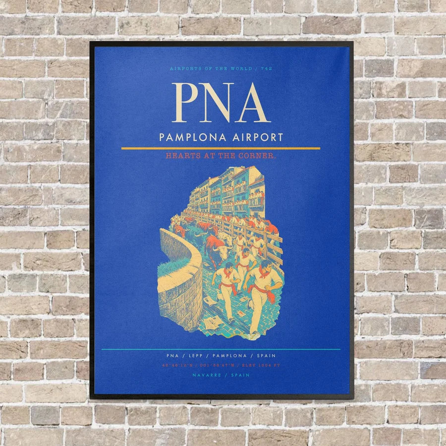 Pamplona Airport PNA vertical canvas print - framed - blue background