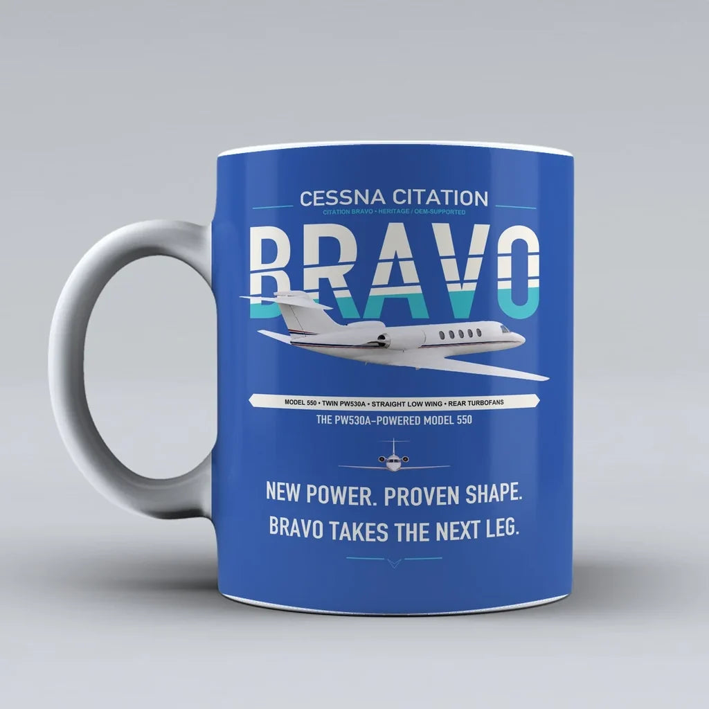 Cessna Citation Bravo design on blue ceramic mug, double-side print
