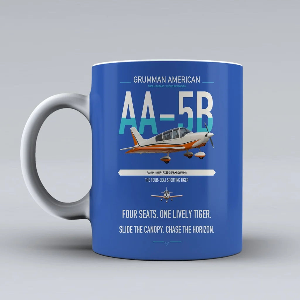 Grumman American AA-5B Tiger design on blue ceramic mug, double-side print