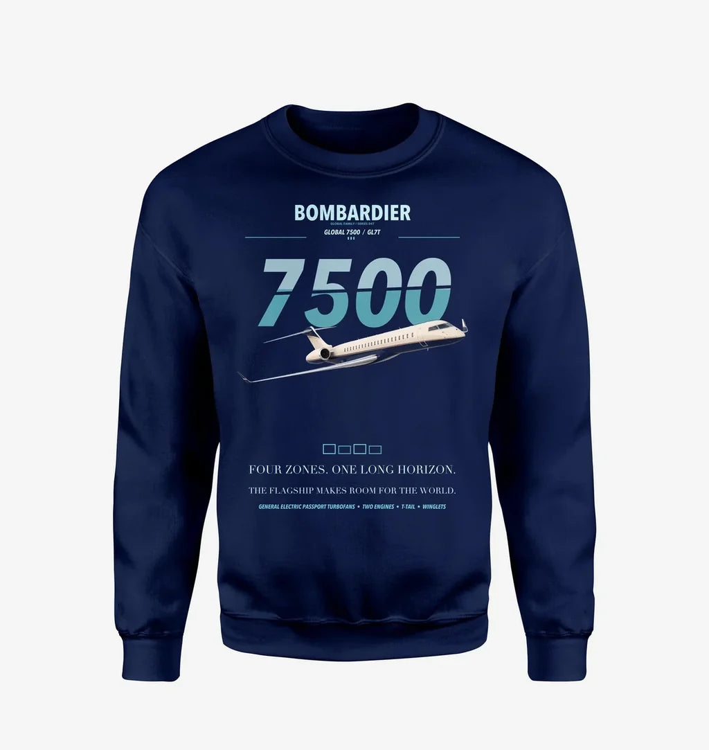 Bombardier Global 7500 design on navy blue sweatshirt