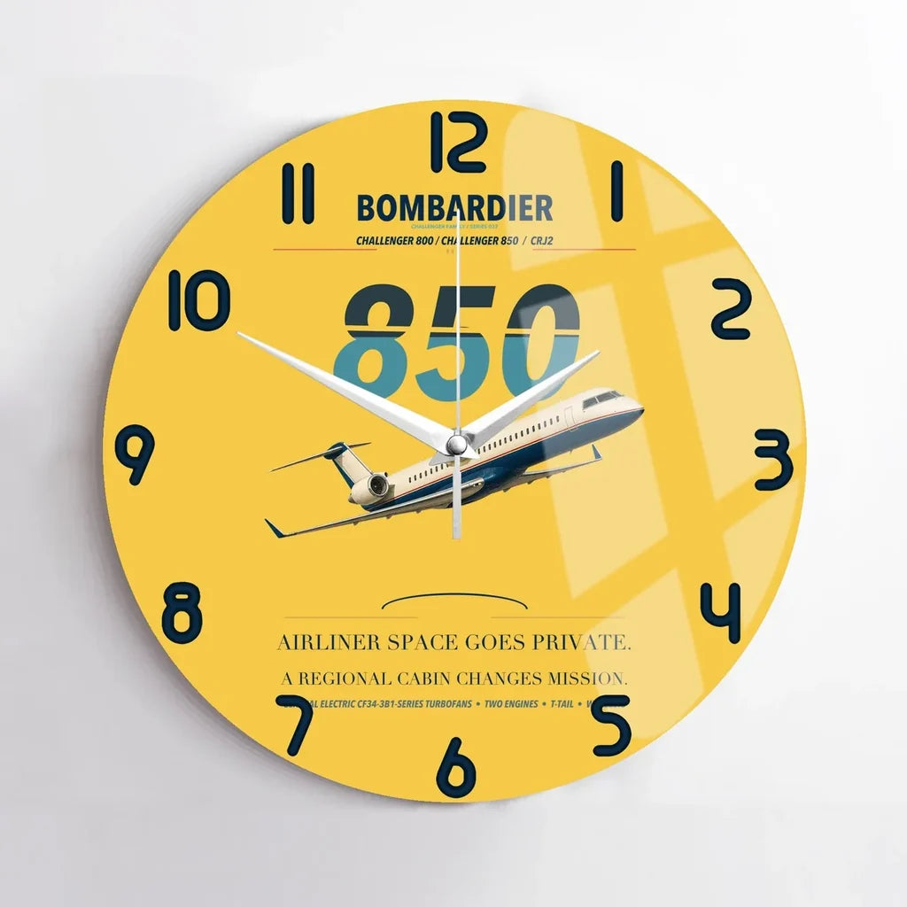Bombardier Challenger 850 design on yellow no frame wall clock