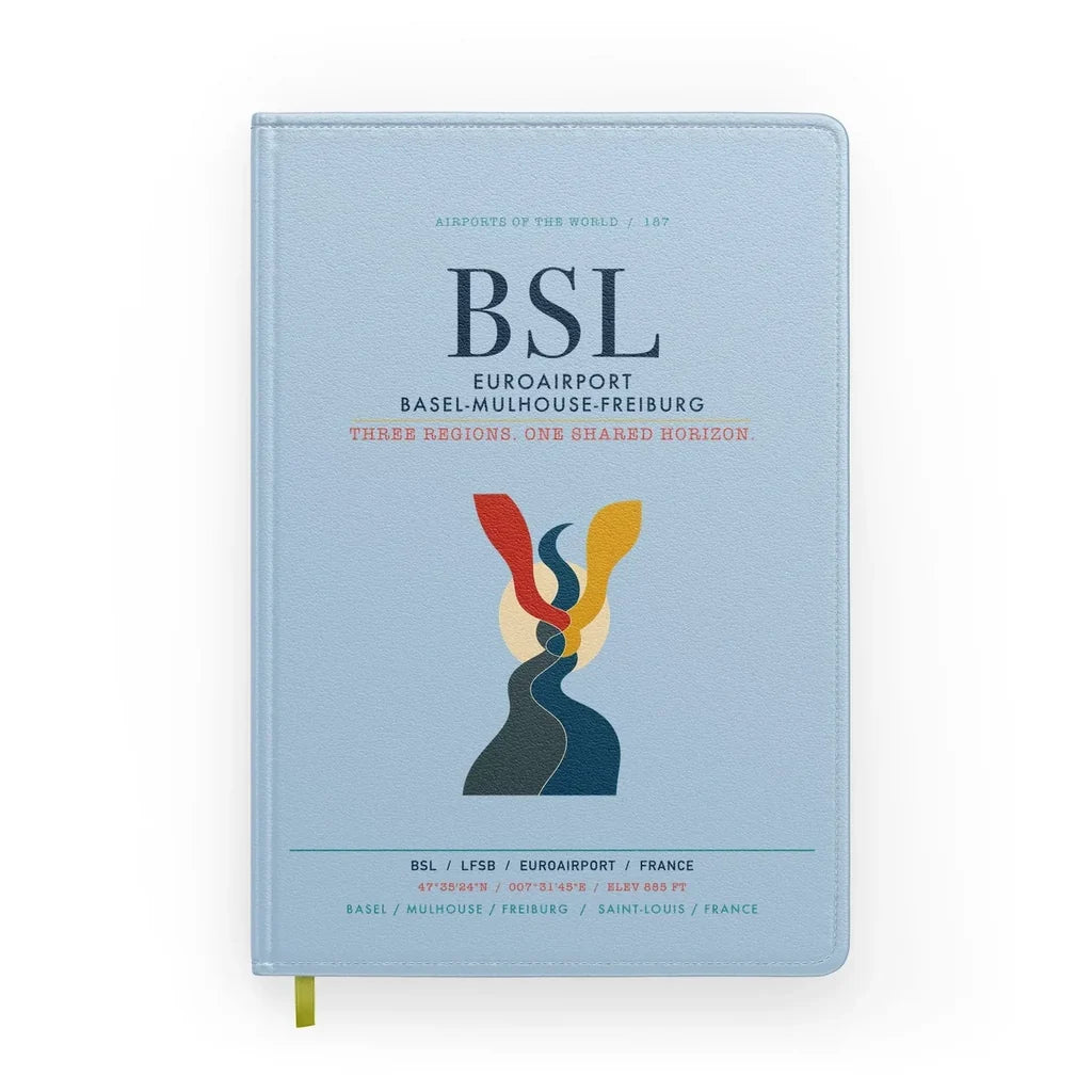 EuroAirport Basel-Mulhouse-Freiburg (BSL) design on light blue notebook