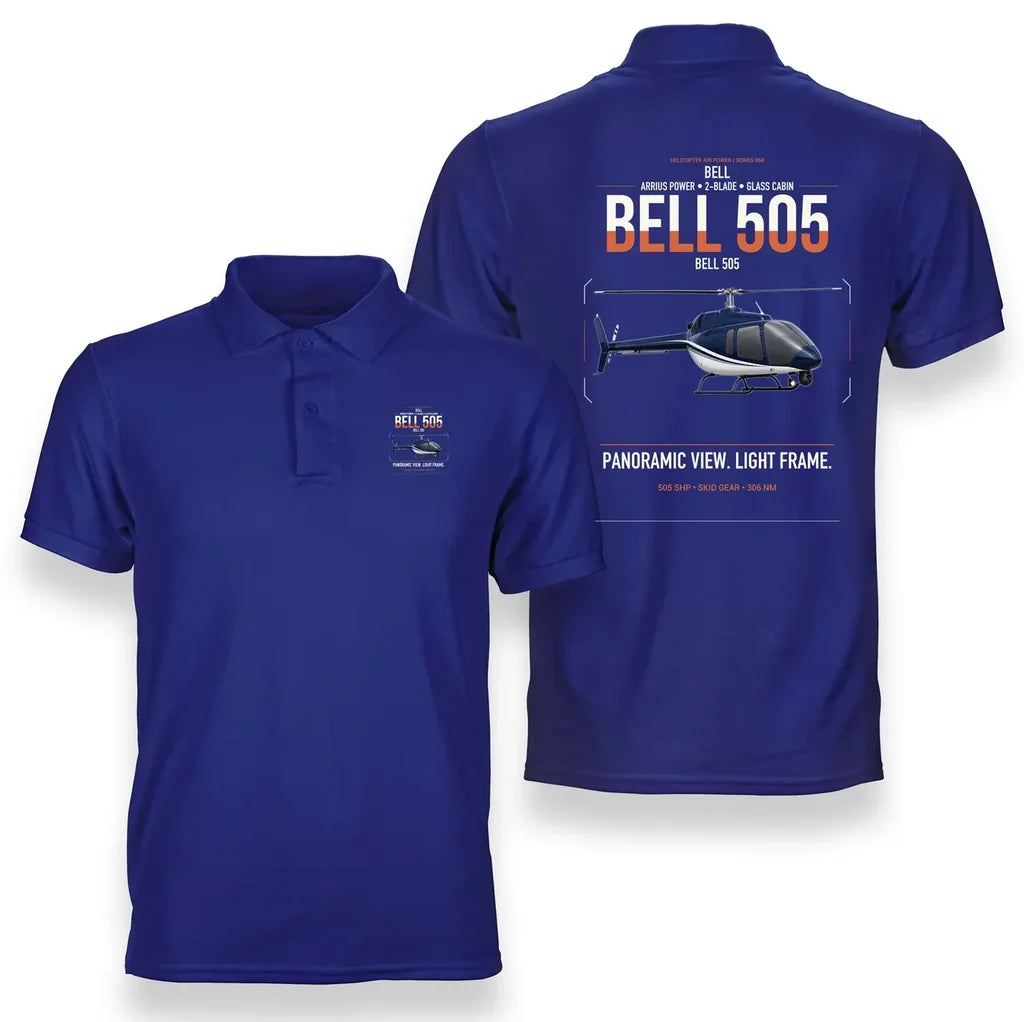 Bell 505 design on blue double-side polo t-shirt, double-side print