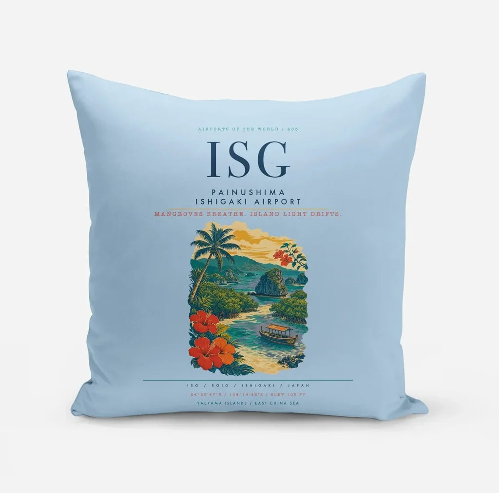 Painushima Ishigaki Airport (ISG) design on light blue pillow