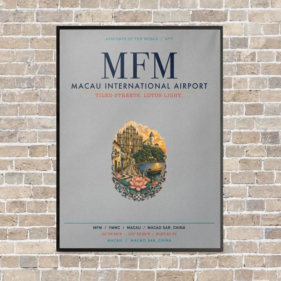 Macau International Airport MFM vertical canvas print - framed - light gray background