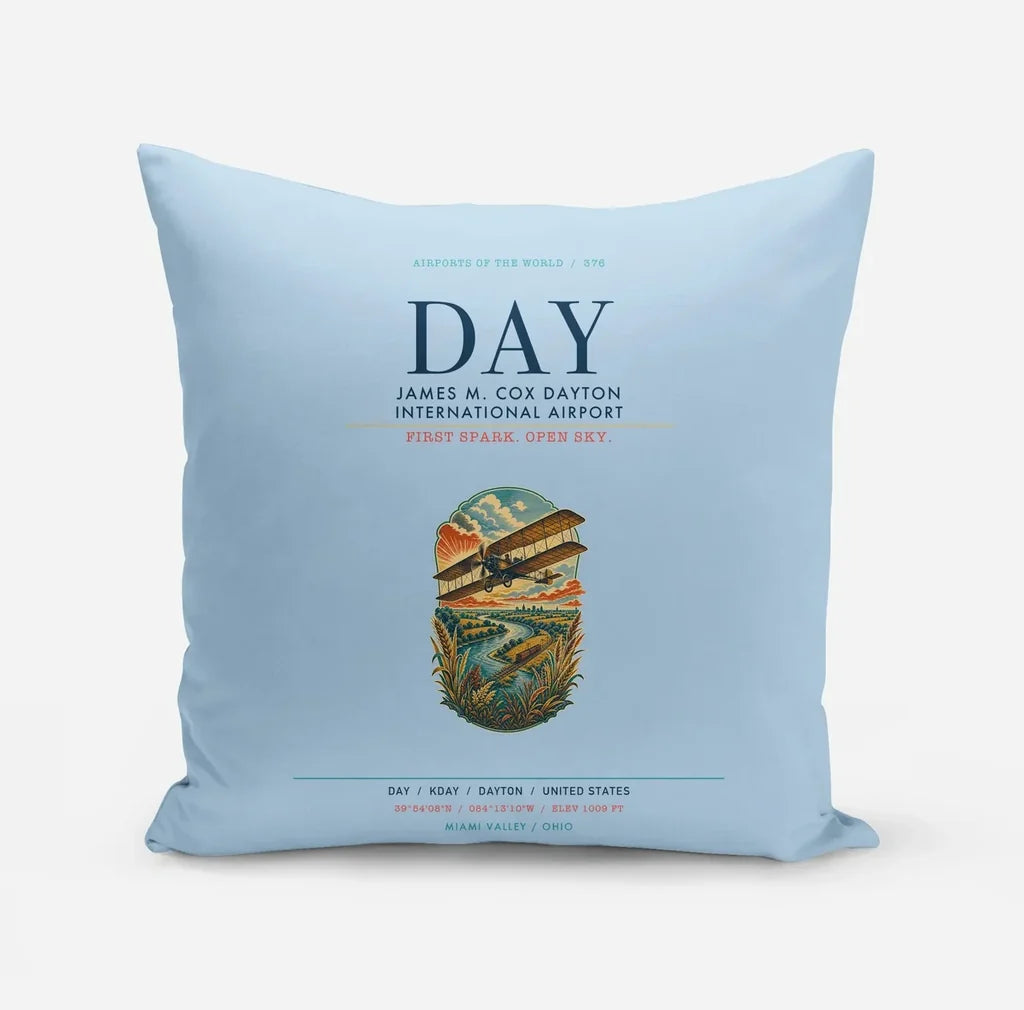 James M. Cox Dayton International Airport (DAY) design on light blue pillow