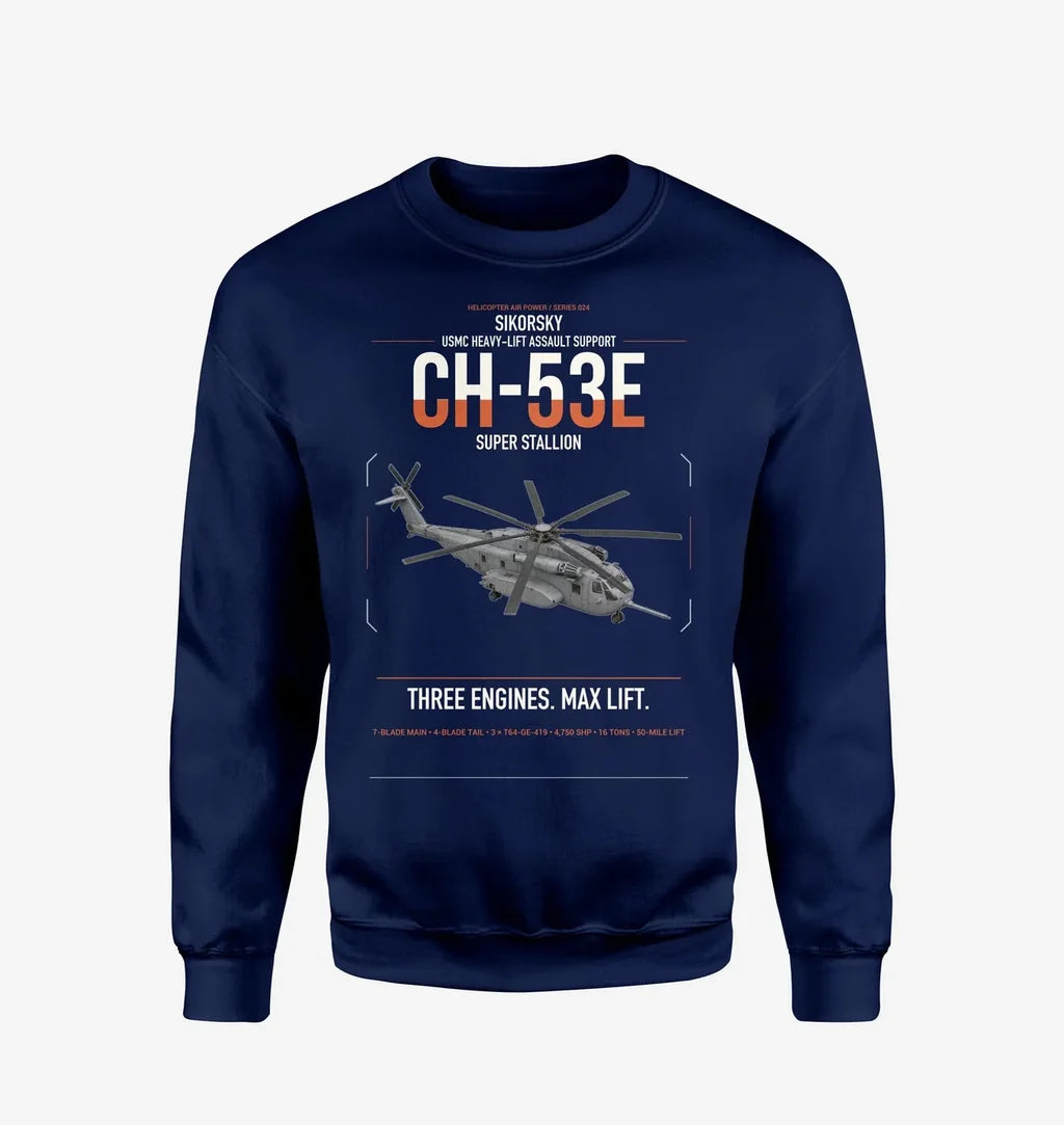 Sikorsky CH-53E Super Stallion design on navy blue sweatshirt