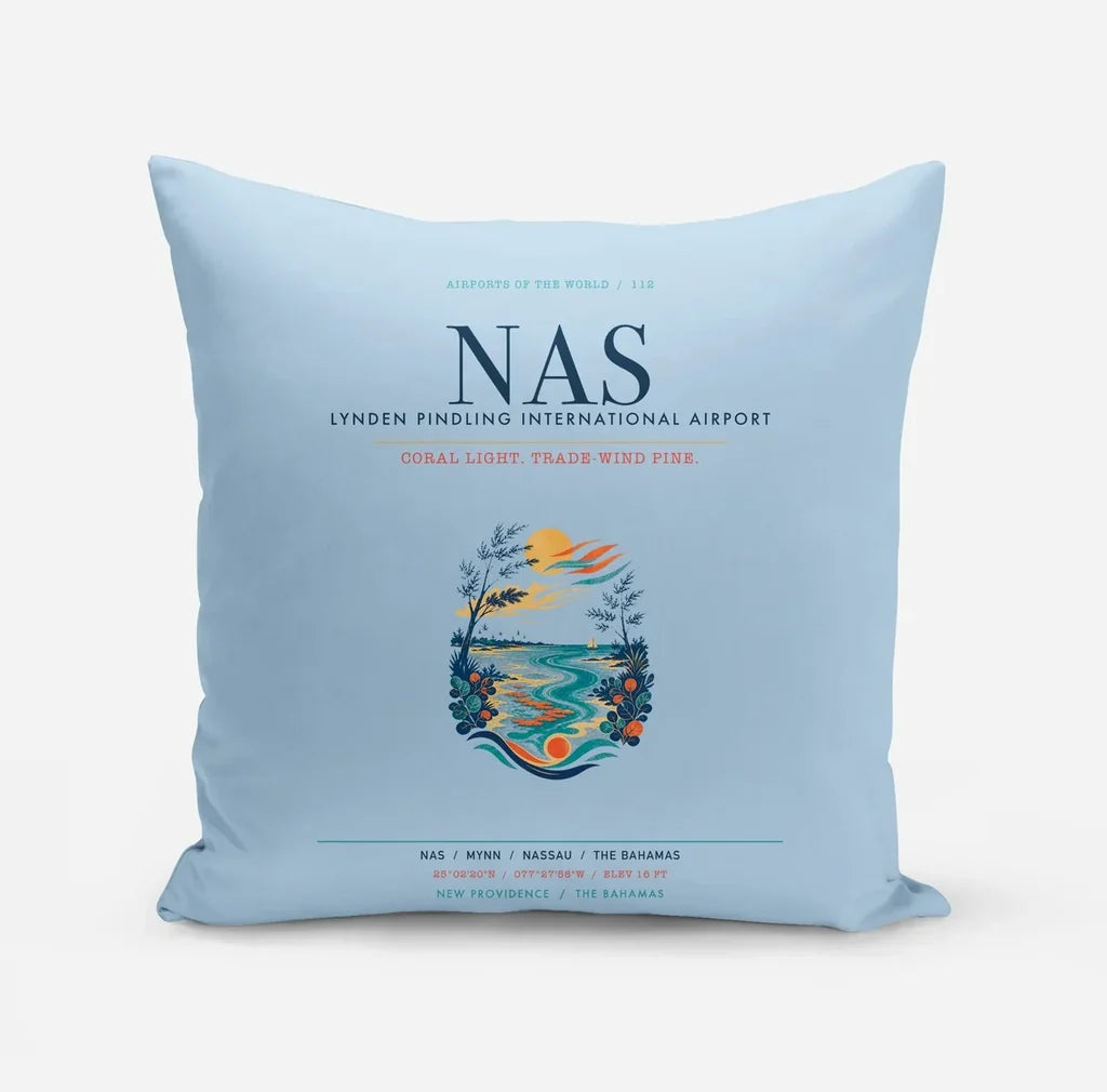 Lynden Pindling International Airport Nassau (NAS) design on light blue pillow