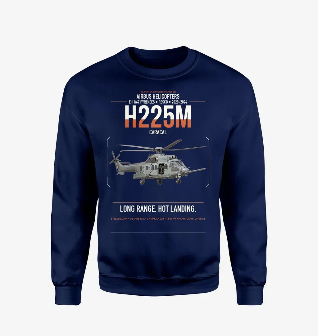 Airbus Helicopters H225M Caracal design on navy blue sweatshirt