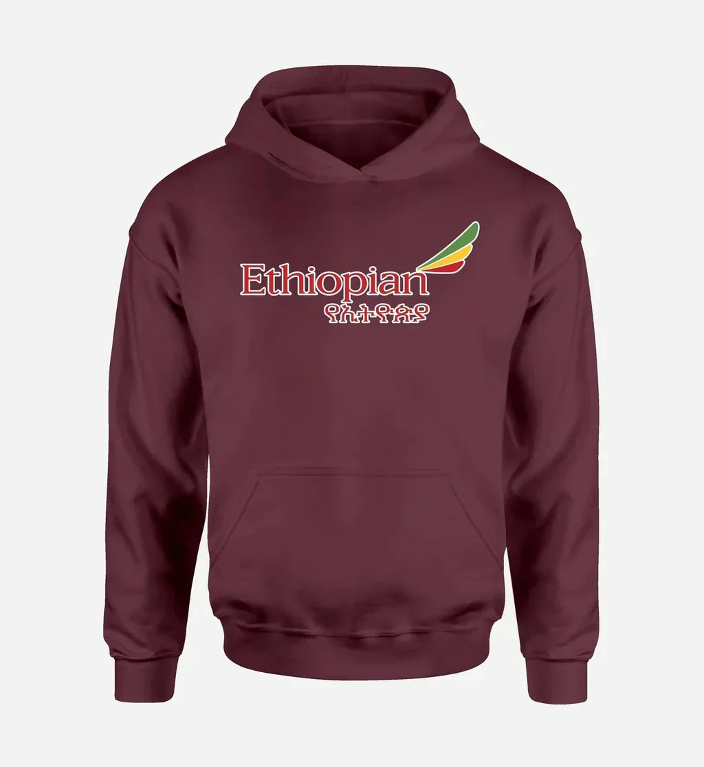 Ethiopian Airlines logo printed on dark red hoodie