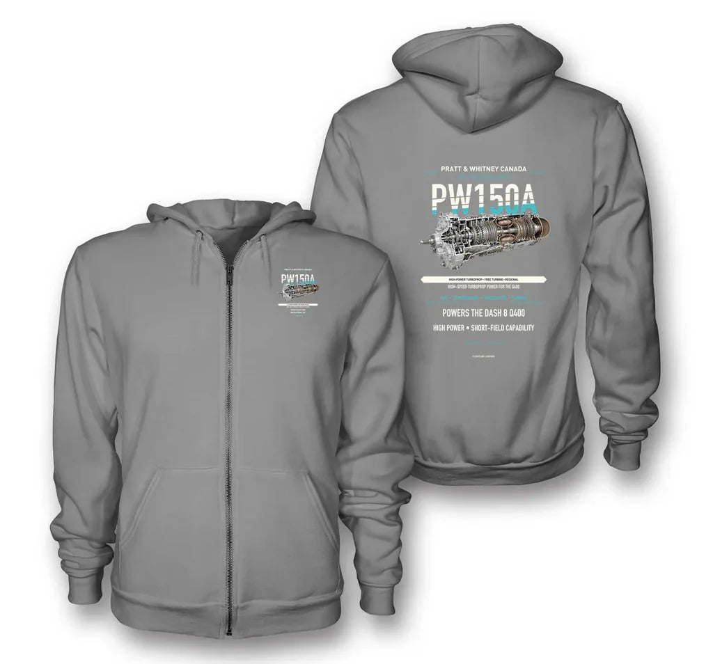 PW150A design on gray zipped hoodie