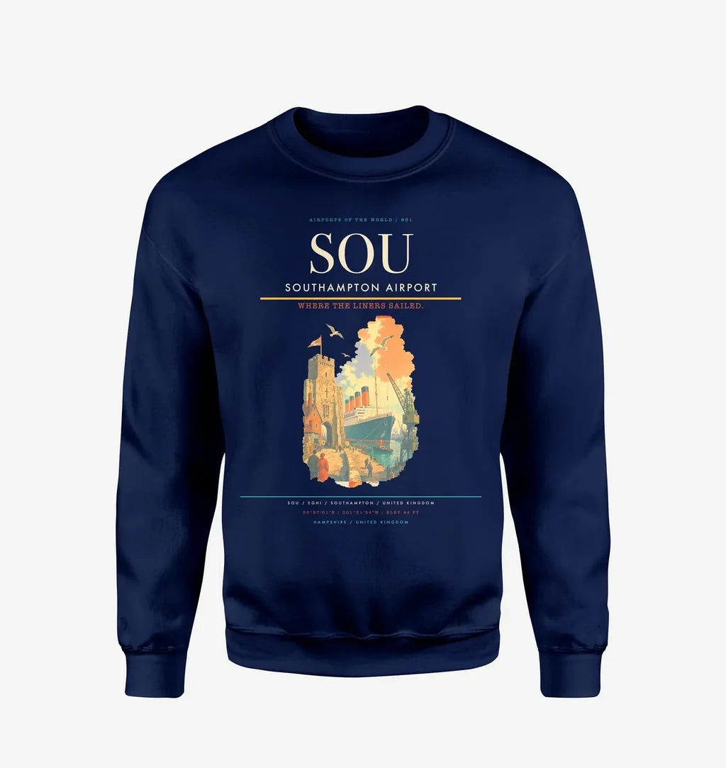 Southampton Airport (SOU) design on navy blue sweatshirt