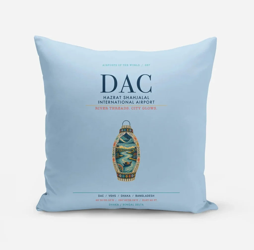 Hazrat Shahjalal International Airport Dhaka (DAC) design on light blue pillow