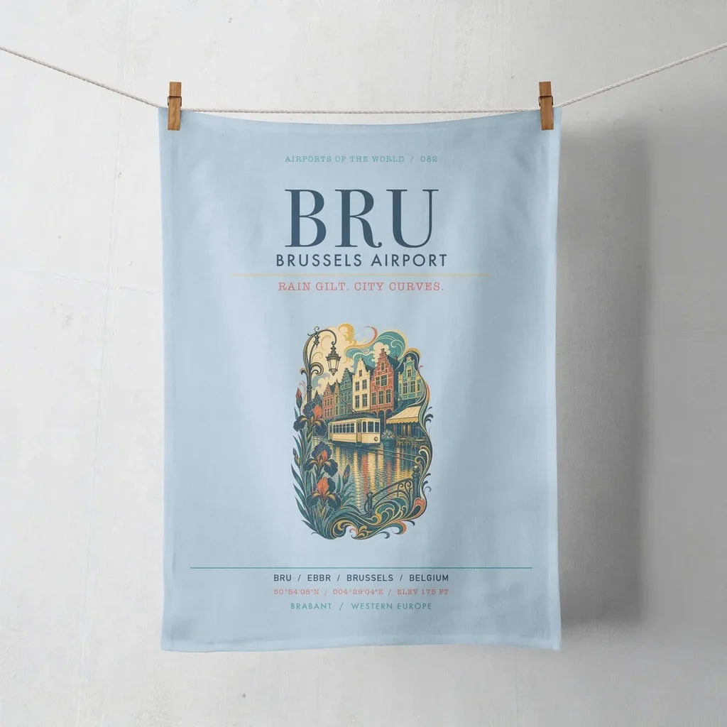 Brussels Airport (BRU) design on light blue towel