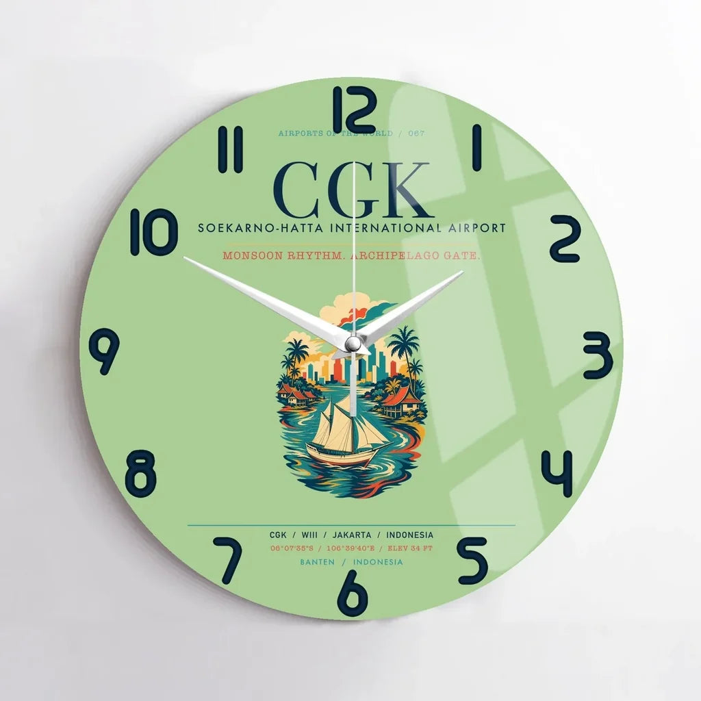 Jakarta Soekarno-Hatta International Airport (CGK) design on light green no frame wall clock