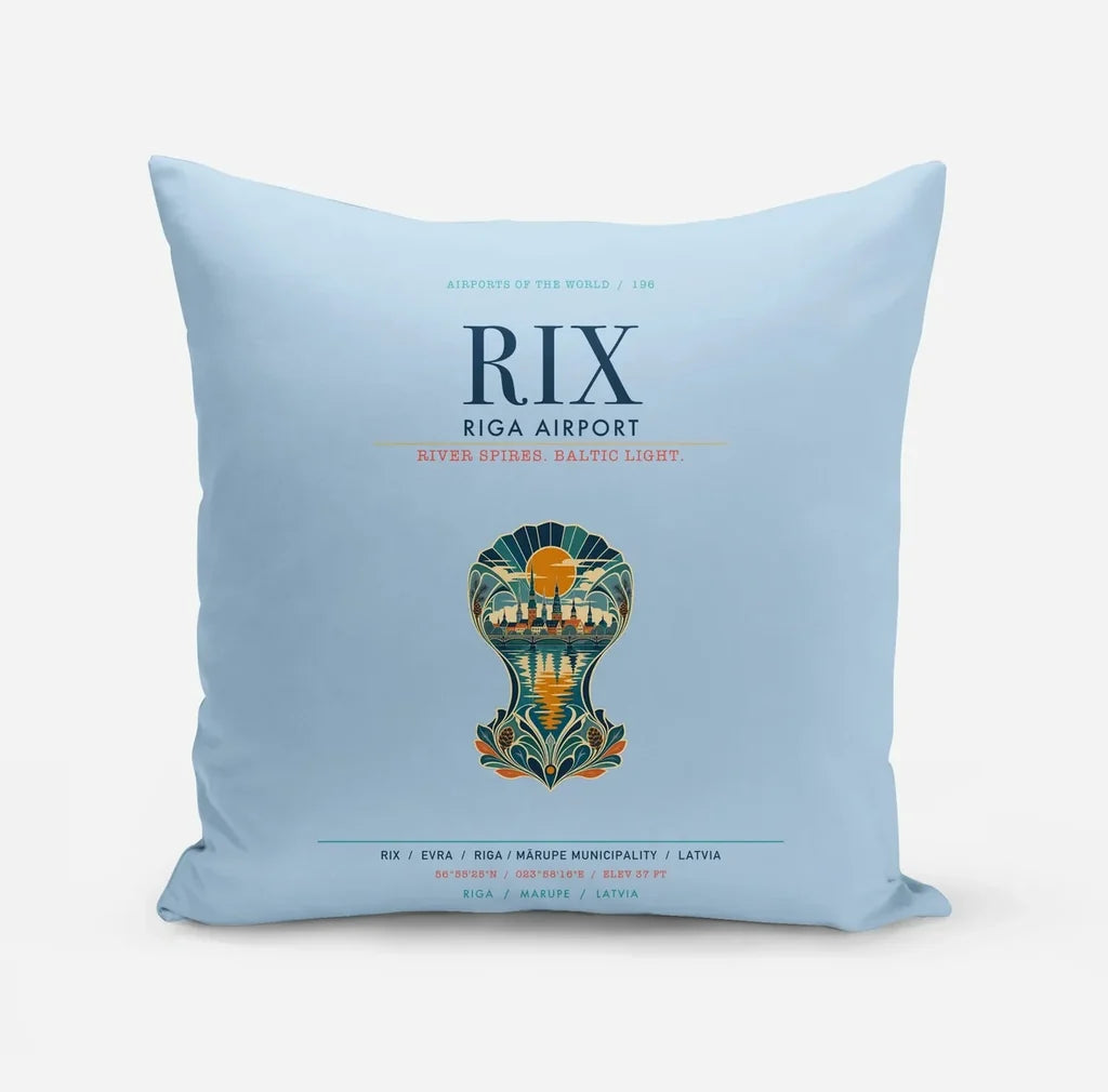 Riga Airport (RIX) design on light blue pillow