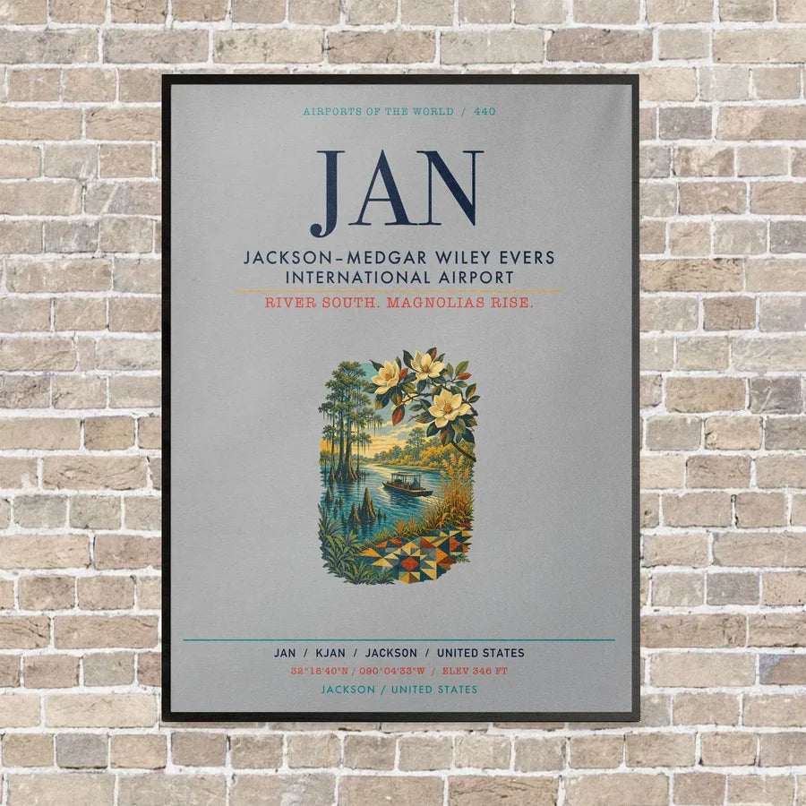 Jackson–Medgar Wiley Evers International Airport JAN vertical canvas print - framed - light gray background