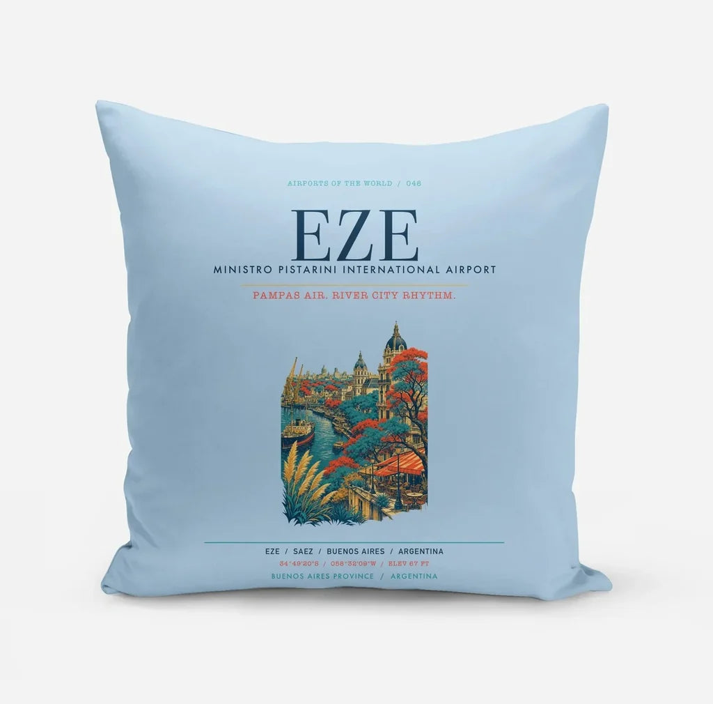 Buenos Aires Ministro Pistarini International Airport (EZE) design on light blue pillow