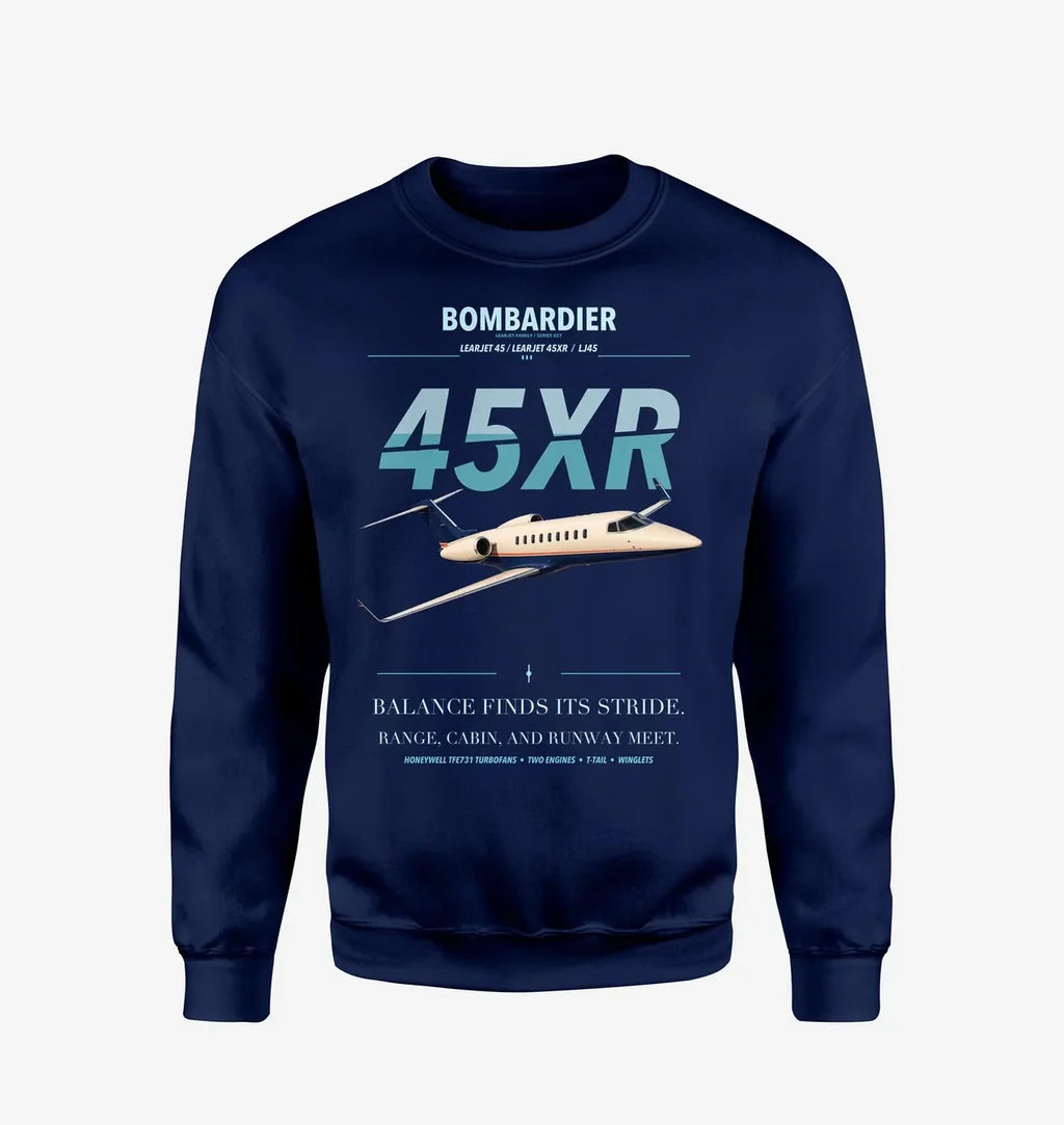 Bombardier Learjet 45XR design on navy blue sweatshirt