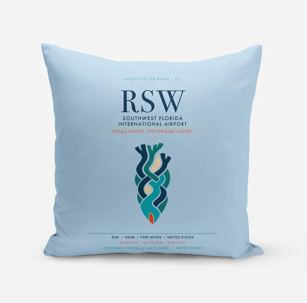 Southwest Florida International Airport (RSW) design on light blue pillow