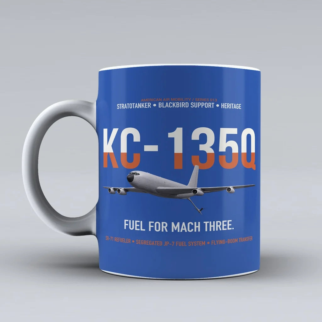 KC-135Q Blackbird Tanker design on blue ceramic mug, double-side print