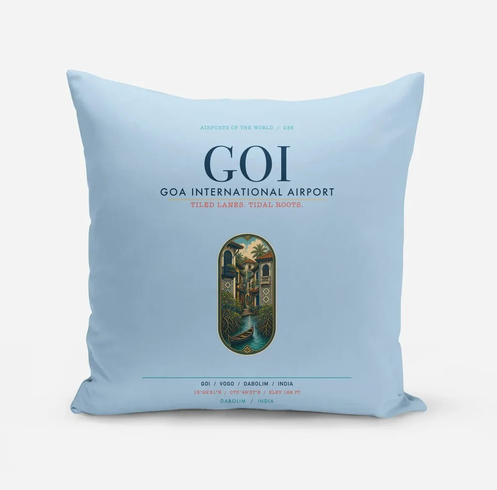 Goa International Airport Dabolim (GOI) design on light blue pillow