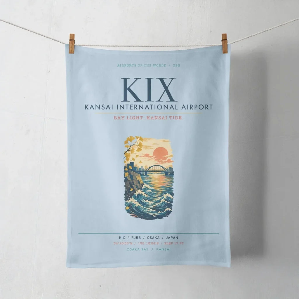 Osaka Kansai International Airport (KIX) design on light blue towel