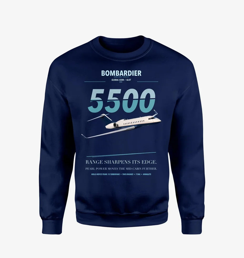 Bombardier Global 5500 design on navy blue sweatshirt