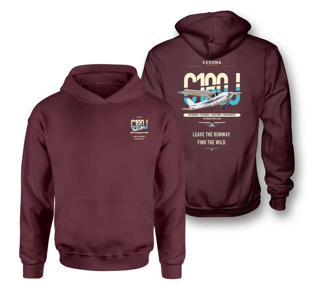 Cessna 180J Skywagon design on dark red double-side hoodie, double-side print