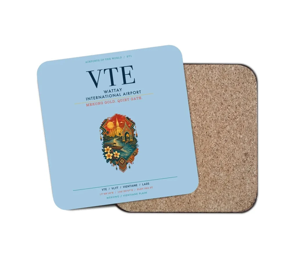 Wattay International Airport Vientiane (VTE) design on light blue 1 piece coaster
