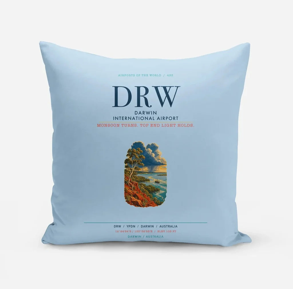 Darwin International Airport (DRW) design on light blue pillow