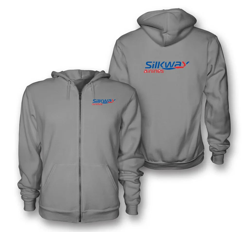 Silk Way West Airlines logo on gray zipped hoodie