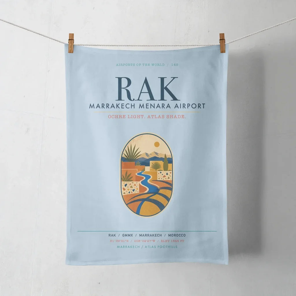 Marrakech Menara Airport (RAK) design on light blue towel