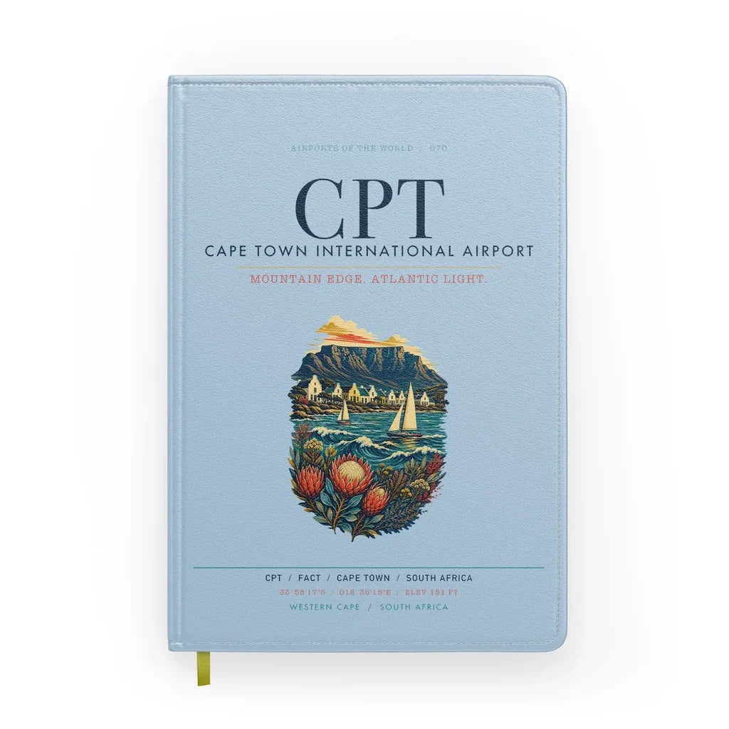 Cape Town International Airport (CPT) design on light blue notebook