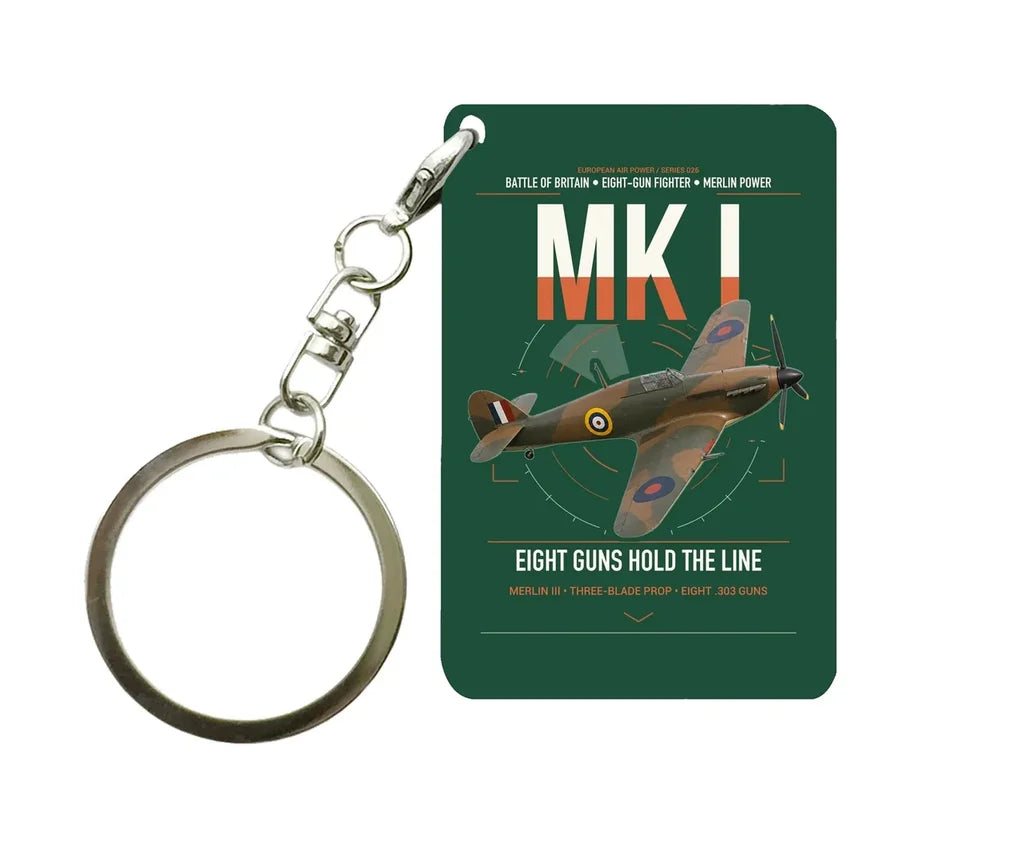 Hawker Hurricane Mk I design on dark green designed key chain, double-side print