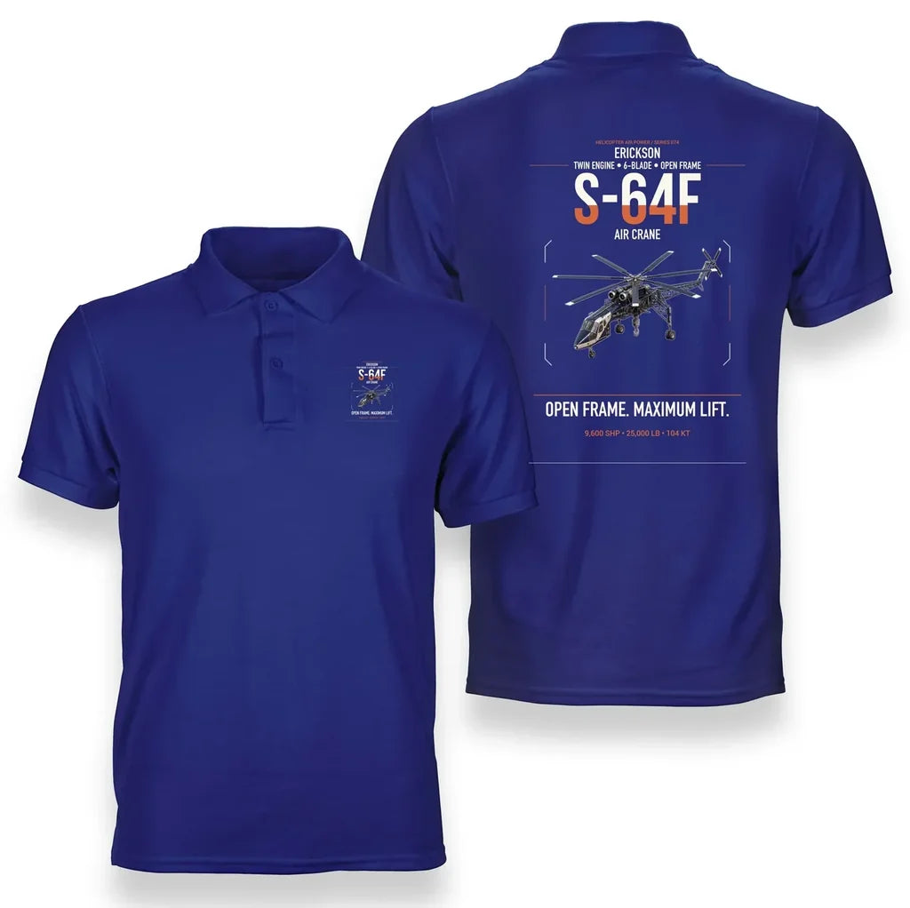Erickson S-64F Air Crane design on blue double-side polo t-shirt, double-side print