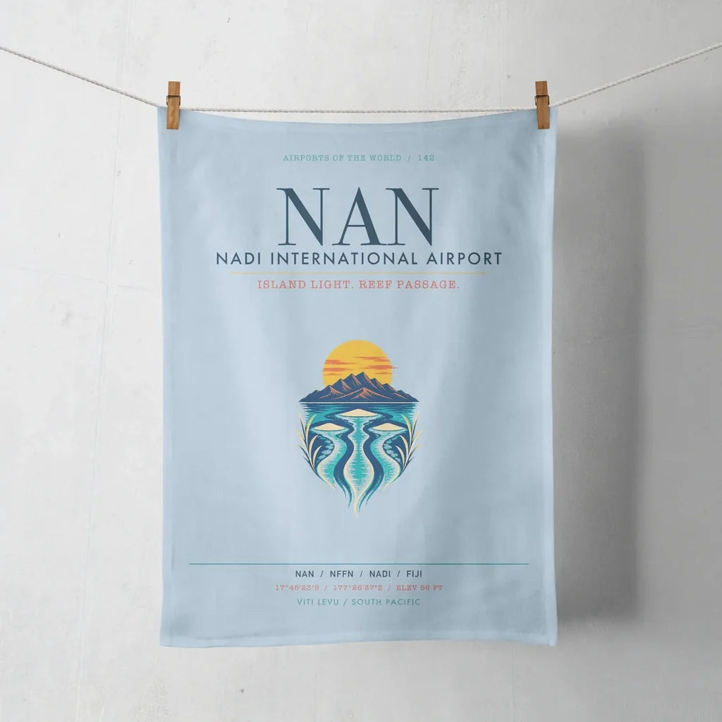 Nadi International Airport (NAN) design on light blue towel