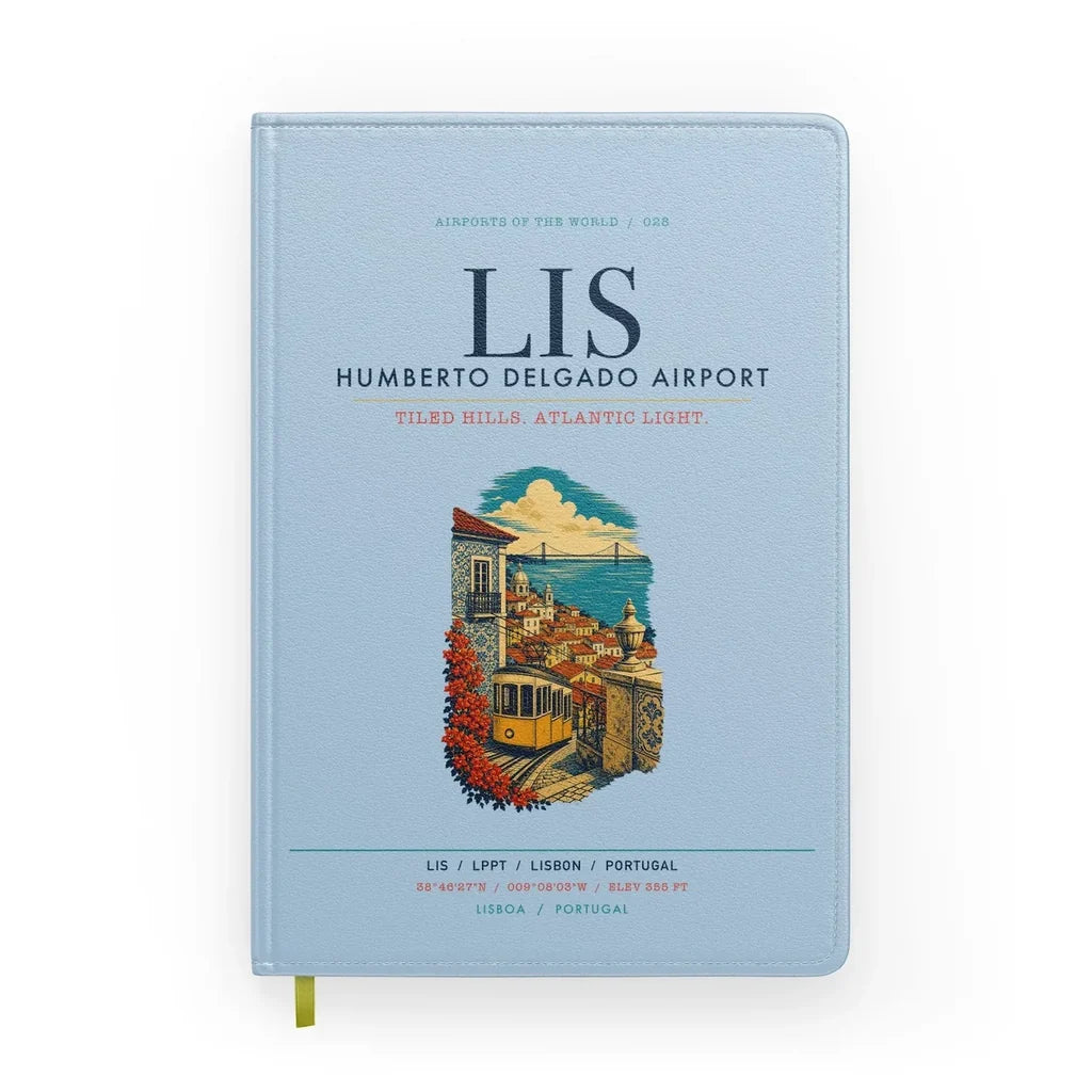 Lisbon Humberto Delgado Airport (LIS) design on light blue notebook
